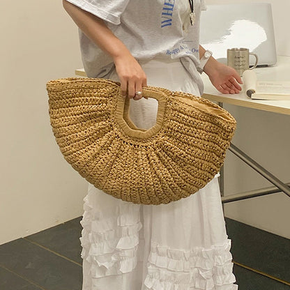 Summer Straw Women Half-moon Beach Handbag Rattan Handmade Handle Fashion Kintted Tote Bag