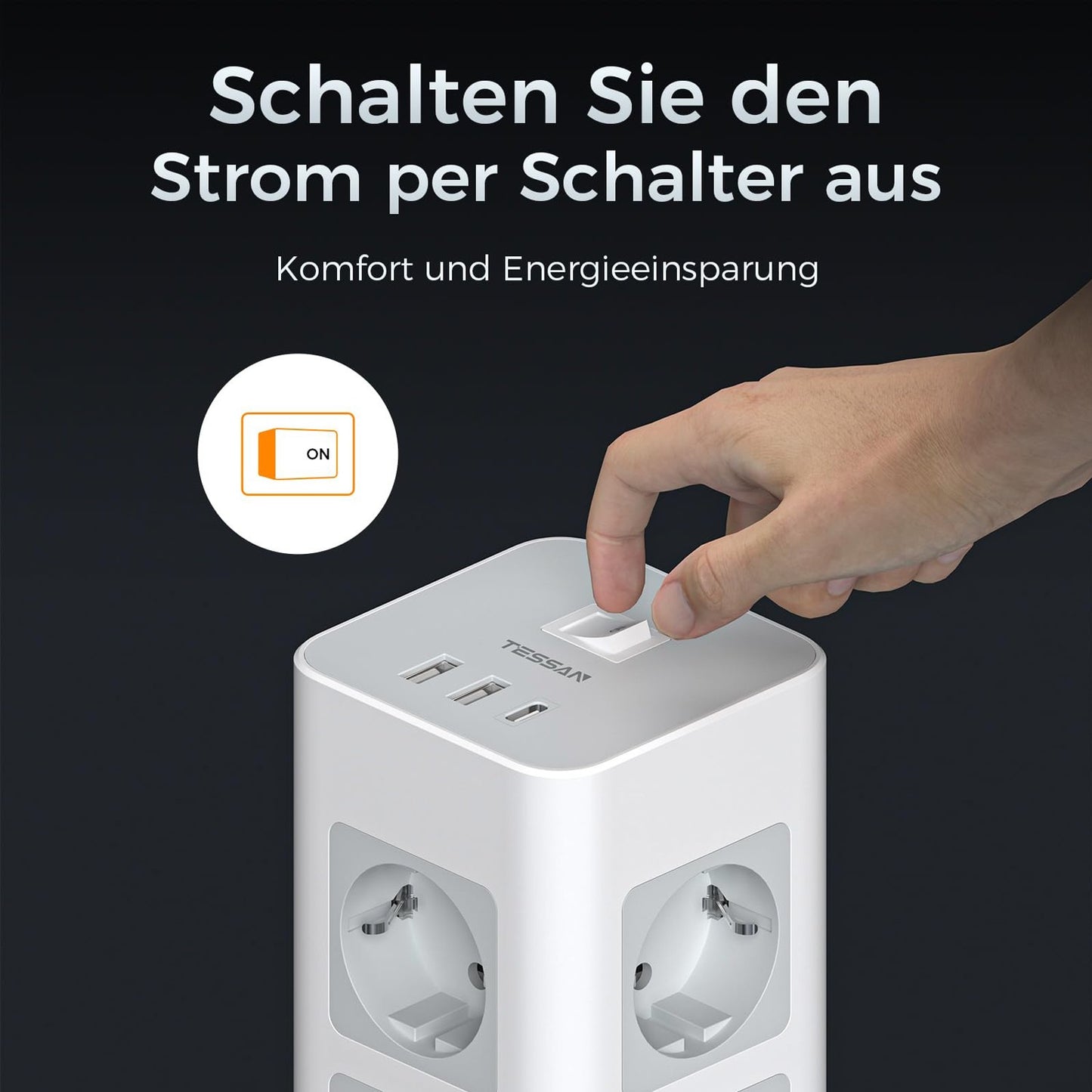 TESSAN Tower Power Strip Multi Outlets with USB A +1 Type C 2M Extension Cable EU Plug Vertical Electric Socket Surge Protection