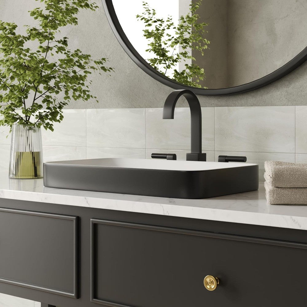 Vessel Sink Rectangle, Black & White Semi Recessed Bathroom Sinks, 18.9x11.61 Modern Rectangular Top Counter Bathroom