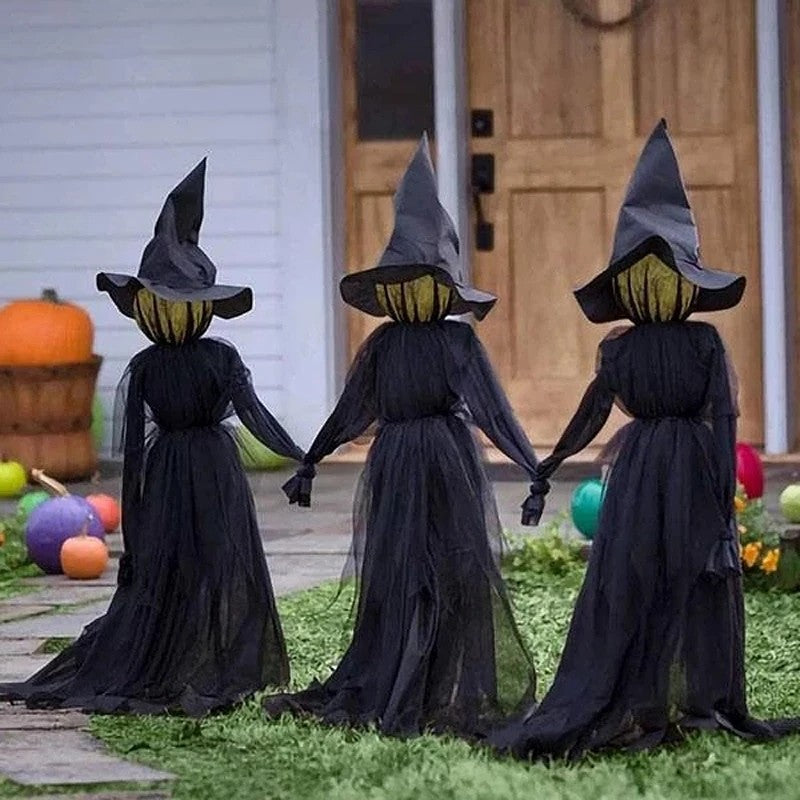 Light-Up Witches with Stakes Halloween Decorations Outdoor Holding Hands Screaming Witches Sound Activated Sensor Decor