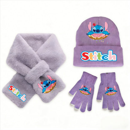 Conjunto de 3 peças de chapéu, cachecol e luvas de malha de inverno Stitch Disney Kawaii quente para meninas Acessórios casuais de moda infantil presente de Natal perfeito