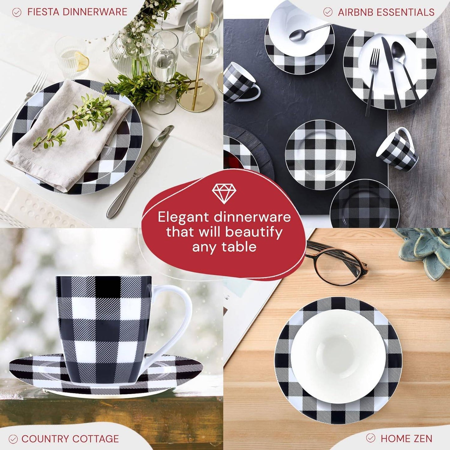 Inverno Geada Branca, Jogos de Jantar Modernos Pretos para Cozinha, Pratos e Louças Internas, Conjunto de Pratos e Tigelas de Cozinha Xadrez de 16 Peças com Mu