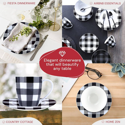 Inverno Geada Branca, Jogos de Jantar Modernos Pretos para Cozinha, Pratos e Louças Internas, Conjunto de Pratos e Tigelas de Cozinha Xadrez de 16 Peças com Mu