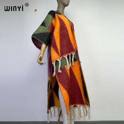 2022 WINYI Winter Women tassel Cardigan coat Loose Christmas dress robe longue Thick Warm free size Middle East Female Kaftan