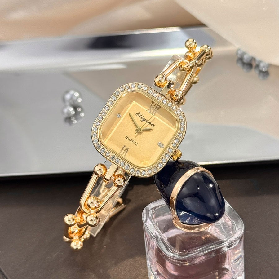 Luxury Minimalist Bracelet Watch Creative Square Multi-Faceted Glass Quartz Movement Chain Mid-century Small High-End Acces