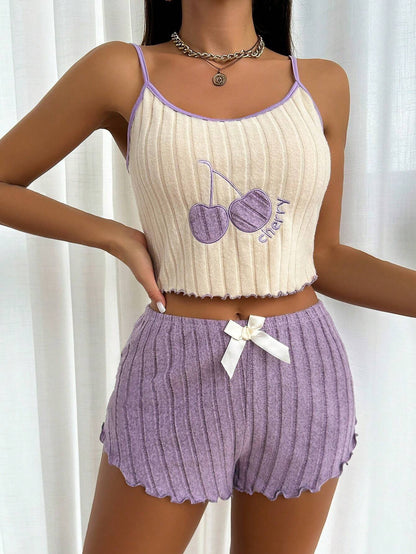 Women Casual Summer 2pcs Pajamas Simple Ground Wool Halter Vest Tops and Shorts Set Home Wear Sleepwear Loungerwear