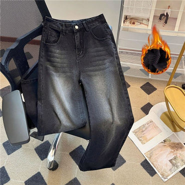 Winter Thick Women's Fleece Straight Jeans Casual Comfortable Soft Velvet Slim Pants Vintage Wide Plush Denim Trousers