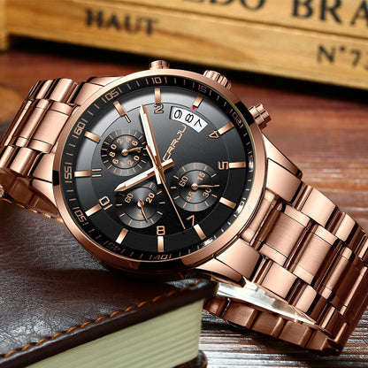 CRRJU Men Quartz Wristwatches Luxury Brand Sporty Chronograph Watches with 316 Stainless Steel Luminous Hands Male Clock Red