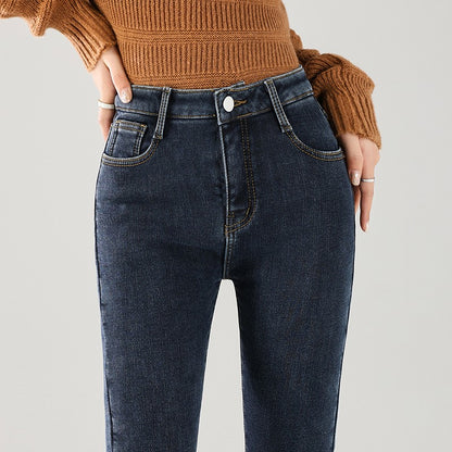 Women Thermal Jeans Winter Snow Warm Thickened Fleece Stretch Skinny Pencil Pants Fashion Korean Slim Fit Velvet Plush Pants