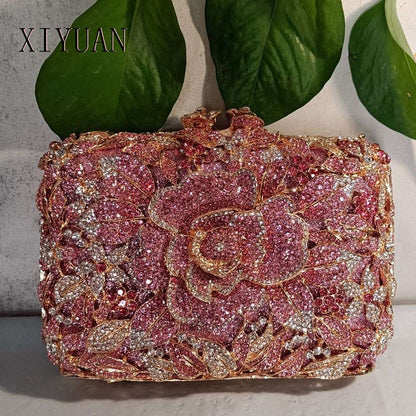 Luxury Women Pink Flower Clutch Bags Stone Evening Bags Bridal Rhinestone Handbags Wedding Clutches Bags Dinner Minaudiere Purse