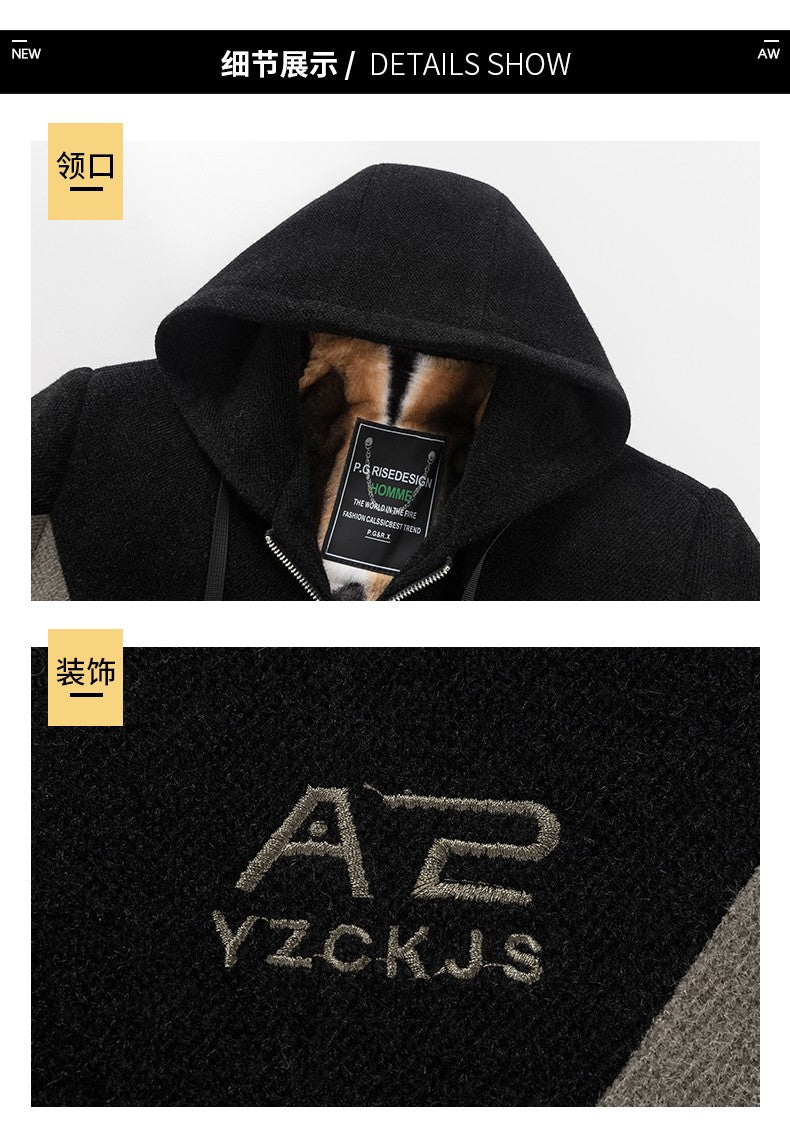 Winter Patchwork Woolen Jacket Men Hooded Short Trench Coat Thickened Warm Casual Business Social Overcoat