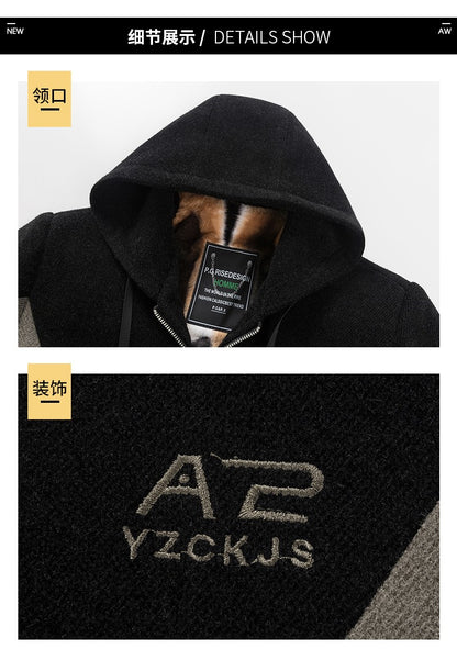 Winter Patchwork Woolen Jacket Men Hooded Short Trench Coat Thickened Warm Casual Business Social Overcoat