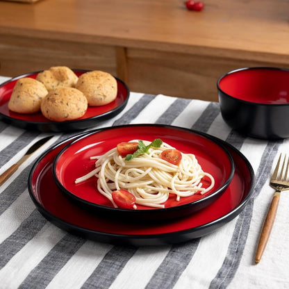 12Piece Modern Dinnerware Set Kitchen Plates and Bowls Sets Luxury 2 tone Red and Black Ceramic look Dish Set for 4.Christmas L