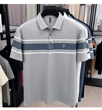 High end letter embossed short sleeve polo shirt luxury brand T-shirt fashion striped summer new ice silk breathable men's top