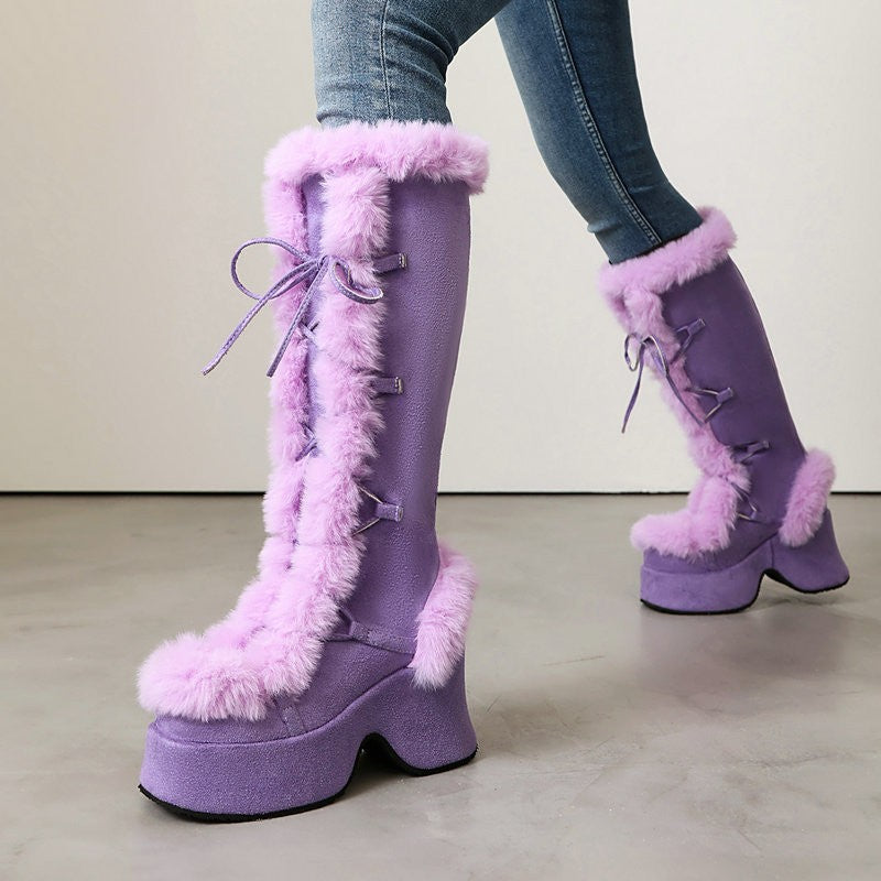 8CM Chunk Heels Winter Warm Knee High Boots Women Snow Short Plush Platform Boots Faux Fur Cosplay Lace-up Long Shoes Size 34-43
