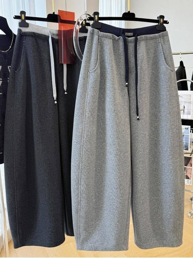 Patchwork Drawstring High Waist Wide Leg Pants for Women Spring and Autumn  Curved Hem Trousers