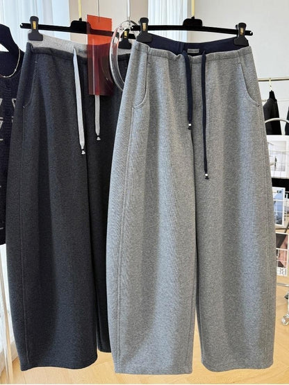 Patchwork Drawstring High Waist Wide Leg Pants for Women Spring and Autumn  Curved Hem Trousers