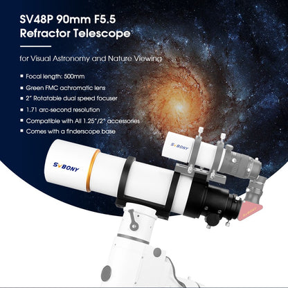 Telescópio Astronômico Refrator Svbony SV48P 90/102mm Abertura OTA com Focador de Duas Velocidades para Astrofotografia de Céu Profundo