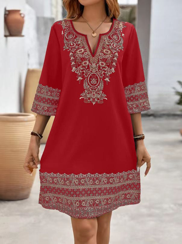 Women's Clothes Casual print Short Sleeve V-Neck Waist Cinched Dress summer vintage New Female Fashion Loose Mini Dresses 2025