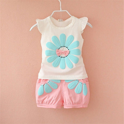 Summer Children Casual Clothes Suit Baby Girls Cute Cartoon Flowers Vest Shorts 2Pcs/Set Toddler Cotton Clothing Kids Tracksuits