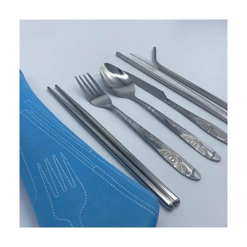 7/3 Peças Conjunto de Talheres de Aço Inoxidável para Acampamento ao Ar Livre Faca de Bife Garfo Colher para Comida Ocidental Bolsa de Pano Criativa Portátil