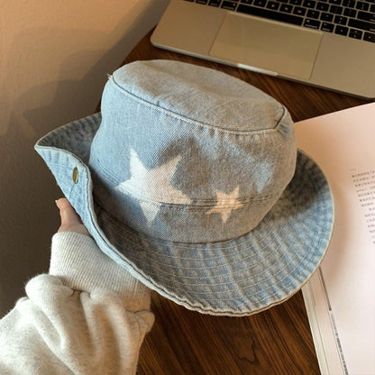 Kawaii Denim Star Fisherman Hat Wide Brim Y2K Outdoor Sun Hat Sunshade Adjustable Western Cowboy Hat Fishing