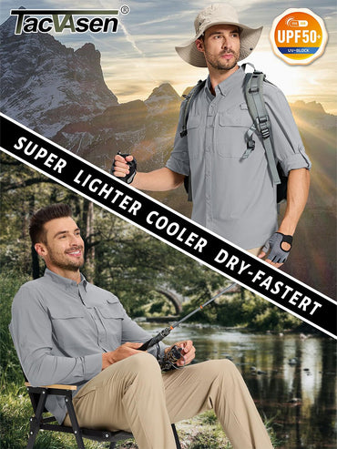 TACVASEN UV Block Fishing Shirts Mens Sun Protection Quick Dry Long Sleeve Shirts Mesh Breathable Hiking Cargo Shirts Work Shirt