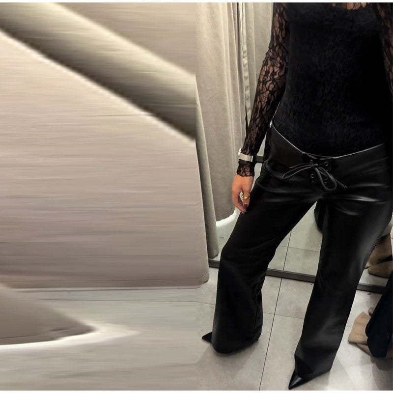 2026 New Solid Black Leather Long Pants For Women Y2K Casual Tie Up Drawstring Flared Trousers Female Chic Street Bell-bottoms