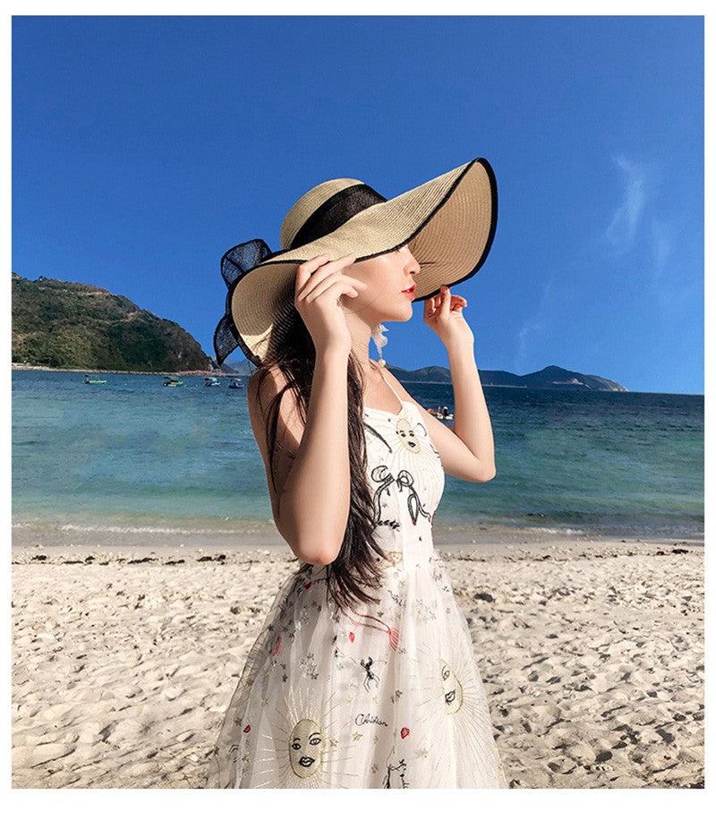 Women Summer Beach Travel Straw Hat Korean Seaside Big Hat Brim Sunblock Sunshade Holiday Foldable Fashion Big Cool Hat
