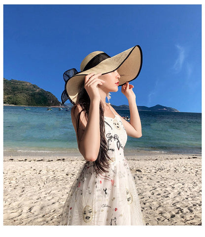 Women Summer Beach Travel Straw Hat Korean Seaside Big Hat Brim Sunblock Sunshade Holiday Foldable Fashion Big Cool Hat