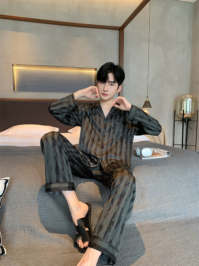 Large Size Ice Silk Men's Sleepwear 2025 New High-End V-Neck Thin Long Sleeved Two-Piece Set for Home Wear Youth Nightwear