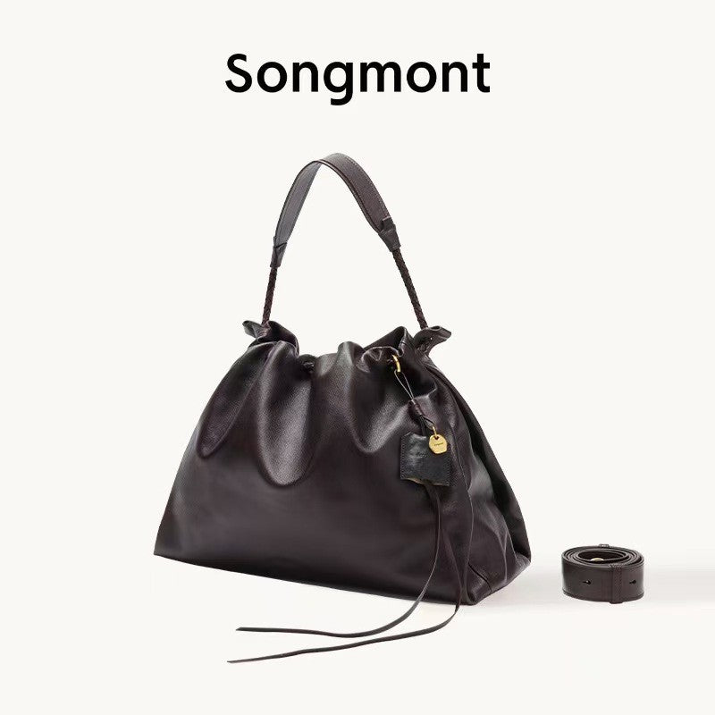 Songmont Genuine Leather Mini Bucket Bag Adjustable Drawstring Multi Straps White Black Blue Casual Chic Crossbody Bag Oversized