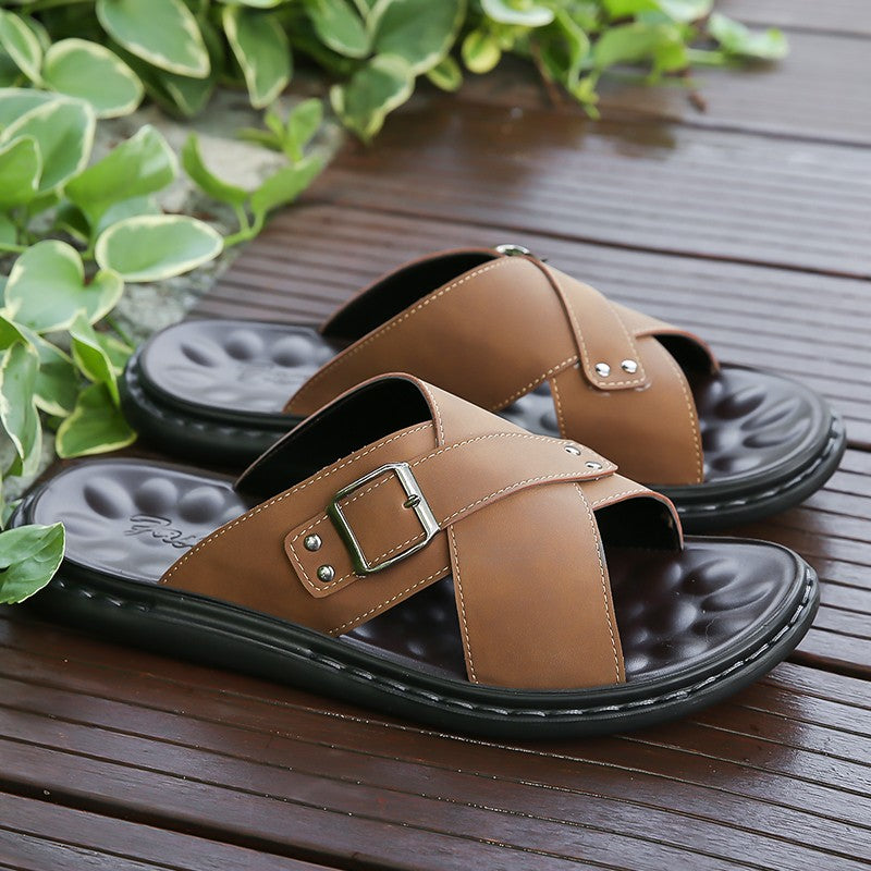 Men Summer Stylish Slippers Open-toe Soft-Soled Shoes Simple Solid Color Half Drag Slip-On Shoes Outdoor Man Comfortable Sandals