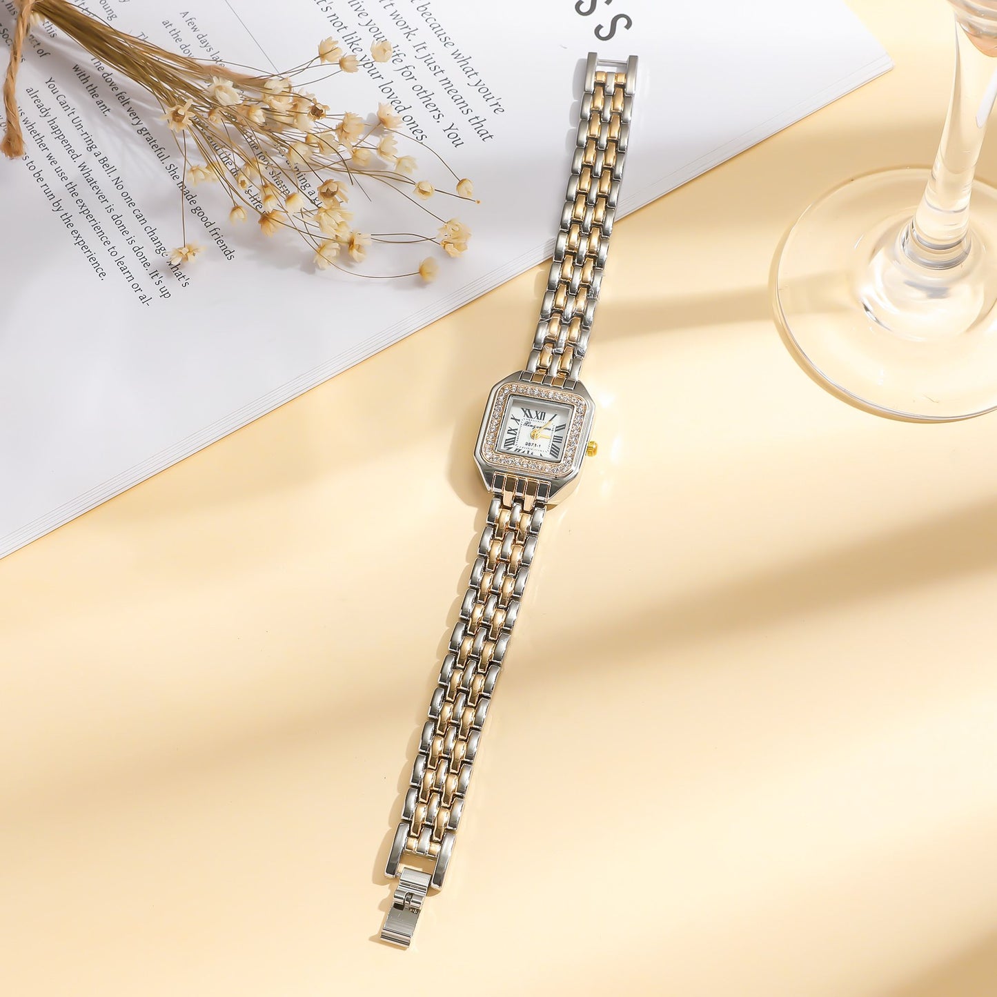 Women Fashion Square Roman Dial Full of Crystals Steel Belt Quartz Watch