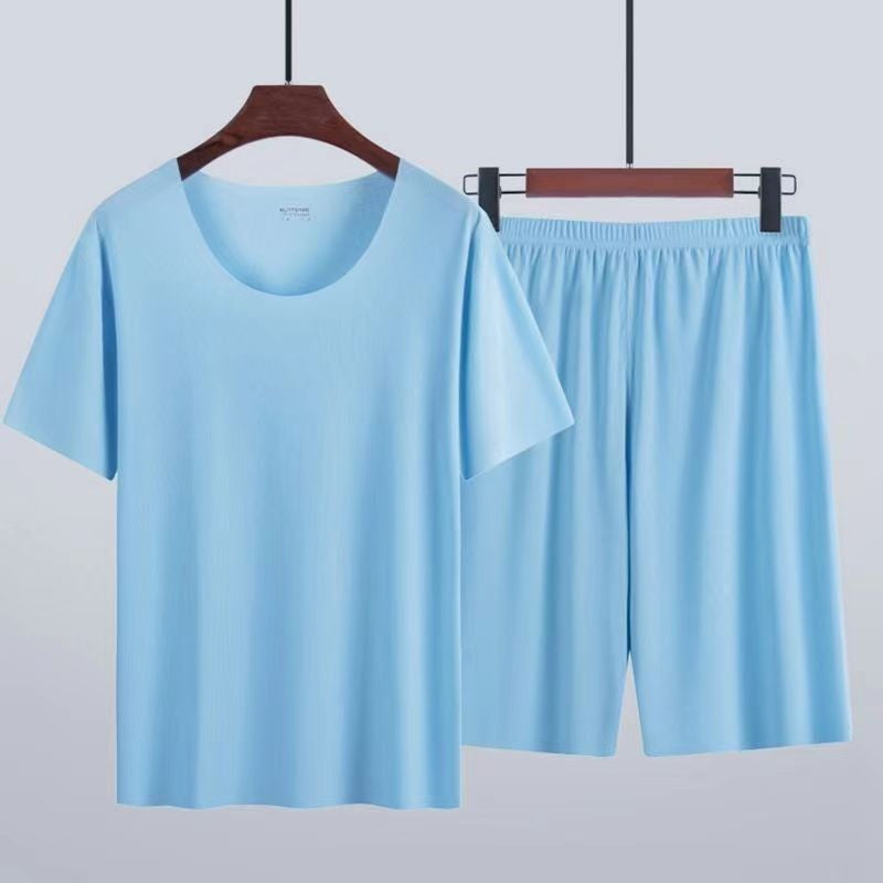 Large Size Men Pajamas Set Ice Silk Sense Round Neck Solid Colour Short Sleeve T-Shirt Student Short Sleeve Shorts Two-Piece Set