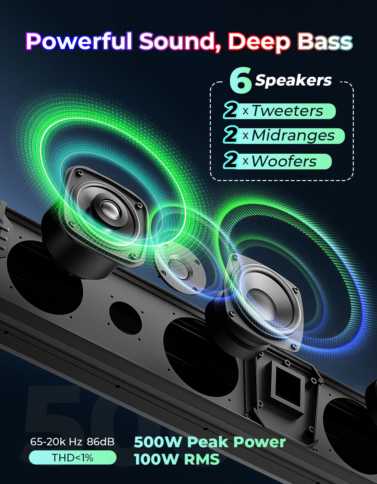 KEMiMOTO Midnight 80 Sound Bar IP66 Waterproof with RGB APP Remote Control Soundbar For Golf Cart UTV ATV fits 1"-2" Roll Bars