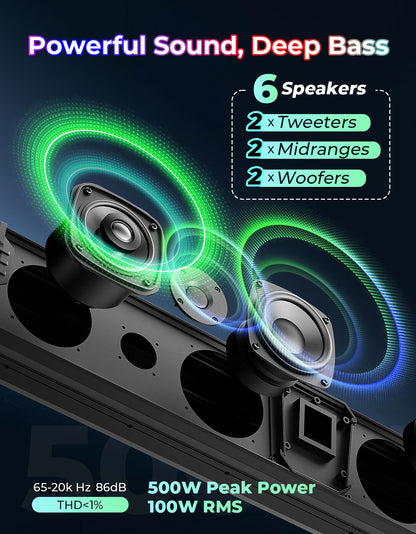 KEMiMOTO Midnight 80 Sound Bar IP66 Waterproof with RGB APP Remote Control Soundbar For Golf Cart UTV ATV fits 1"-2" Roll Bars