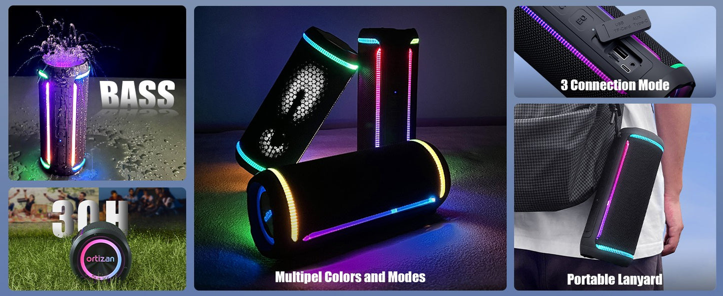 Ortizan X30 Caixa de Som Bluetooth Portátil Bluetooth 5.3 Caixa de Som Sem Fio com Som Estéreo Alto HD de 40W e Luzes RGB Coloridas AUX