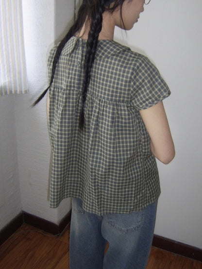 Vintage Plaid Shirts Women Japanese Harajuku Bow Peter Pan Collar Blouses Summer Korean Aesthetic Short Sleeve Casual Tops New