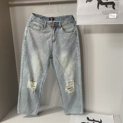 Calça Jeans Masculina Blue Washed MIXED EMOTION Hot Drill Letter Retrô Americana Calça Jeans Feminina Mixed Emotion
