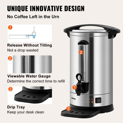 SucceBuy 65/110 Cups Stainless Steel Coffee Thermos Urn Commercial Hot Water Dispenser for Camping Fast Brewing Easy Cleaning