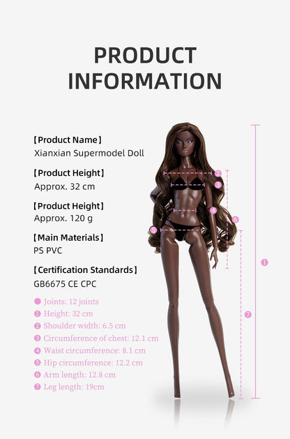 Xianxian Doll 32cm GALA ELARA BJD Supermodel Charcoal Skin Afro Straight Wavy Wig Set Limited Collector Birthday Gift