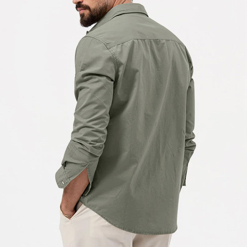 Safari Cotton Shirts Mens Outdoor Work Travel Button Down Tops Casual Long Sleeve Hiking Camping Utility Shirt With Flap Pocket