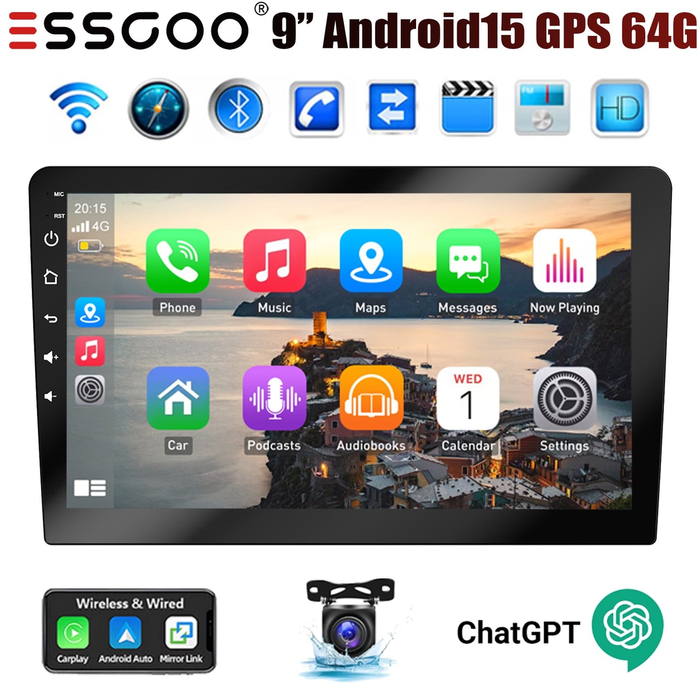 Rádio Estéreo Automotivo de 7/9/10 Polegadas Duplo 2 Din 4+64G Android 15 ChatGpt AI WIFI GPS Navegação FM/RDS Bluetooth SWC Unidade Principal+DVR&AHD