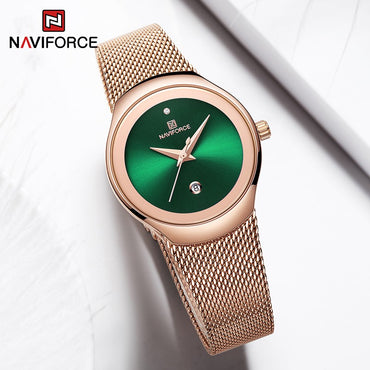 NAVIFORCE Luxury Green Analog Date Quartz Fashion Ladies Watches Mesh Steel Strap Waterproof Business Women Wristwatch Clocks