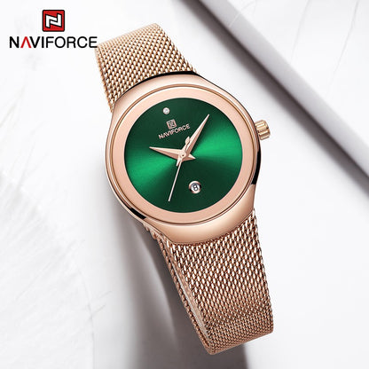 NAVIFORCE Luxury Green Analog Date Quartz Fashion Ladies Watches Mesh Steel Strap Waterproof Business Women Wristwatch Clocks