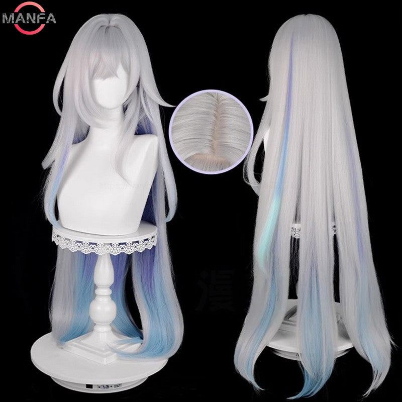 Peruca Skirk Cosplay 105cm Longa Branca Prateada com Gradiente Azul Cabelo Sintético Resistente ao Calor Perucas de Anime + Touca de Peruca
