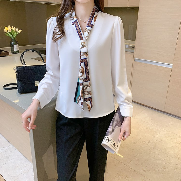 H Han Queen Spring Chiffon Simple Office Lady Blouse Female Shirt Bow Tops Long Sleeve Casual Korean OL Loose Blouses Women