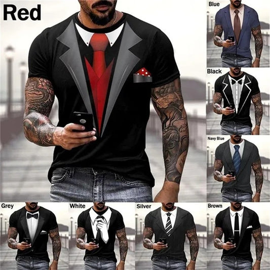 Mens Summer Fashion 3D Printed T-shirts Funny Fake Suit Cosplay Short Sleeve Cas