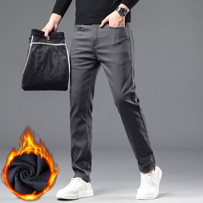 Fleece Pants Men's Winter Thick Slim Elastic Business Casual Velvet Pants Warm Fashion Solid Color Plush Trousers Male